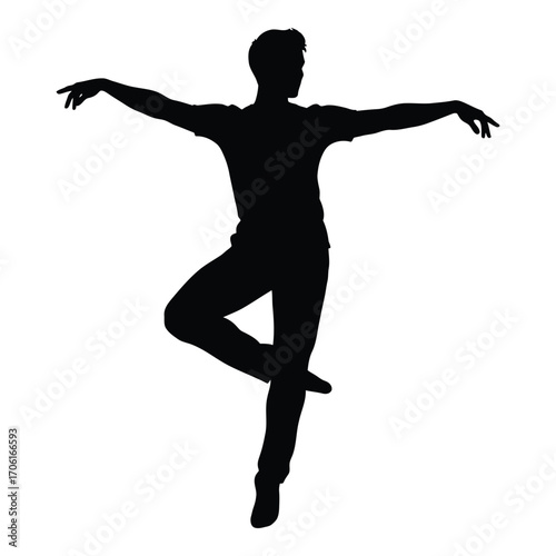 Elegant male ballet dancer silhouette in graceful pose on isolated silhouette
