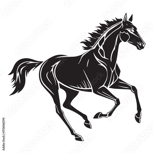 A powerful black silhouette of a horse in full stride, isolated on a white background, capturing its dynamic movement and muscular form