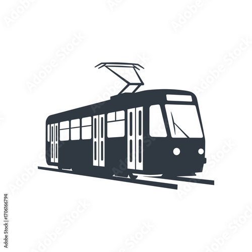 Vintage tram traveling along the tracks in an urban setting with buildings in the background