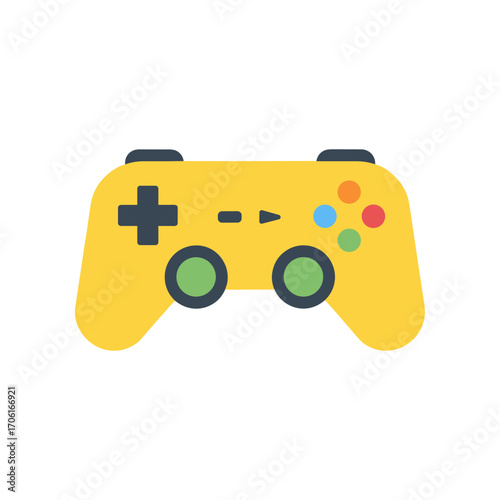 Colorful game controller with buttons, set against a plain background, ideal for gaming themes