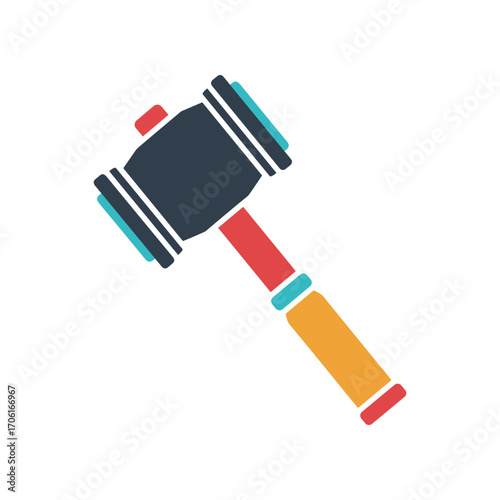 Colorful gavel symbolizing justice and law, placed on a wooden surface with a blurred courtroom background