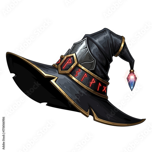 Magic wizard hat with glowing runes and crystal. Fantasy RPG item illustration