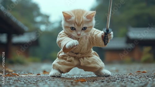 Upside down white cat in samurai clothing holding sword above tranquil lake.