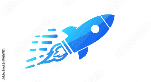 Blue rocket ship launching into space, symbolizing speed and innovation with a trail of motion lines against a clean white backdrop.