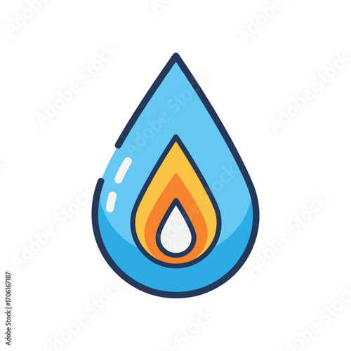 Colorful illustration of a water droplet with flame inside, symbolizing energy and conservation