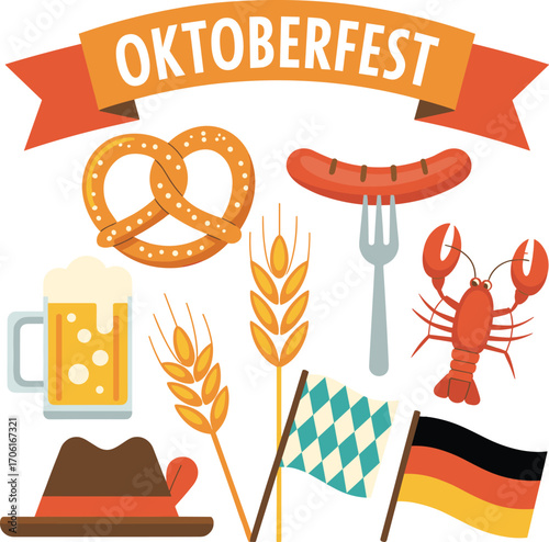 Oktoberfest celebration with traditional pretzel, sausage, beer mug, Bavarian flags, wheat stalks, German hat, and festive lobster illustration