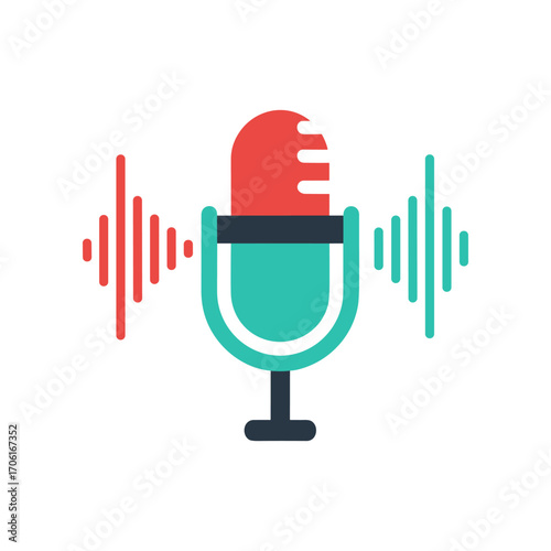 Colorful microphone illustration with sound waves, representing audio recording or broadcasting
