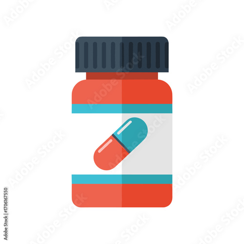 Colorful pill bottle with a blue and red capsule, isolated on a white background for health concepts