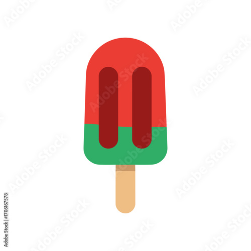 Colorful popsicle with red and green layers on a wooden stick against a plain background