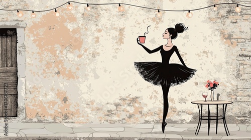 Ballerina holding cappuccino cup while twirling in urban setting  