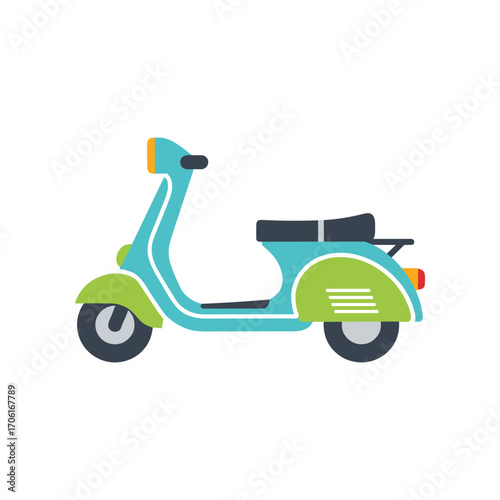 Colorful scooter parked on a sunny street with trees and buildings in the background