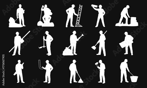 Construction worker silhouettes with tools, industrial labor icons, builder workers, construction site, hard hats, equipment, manual work, vector illustration, black background