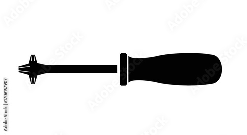Black silhouette of a starshaped screwdriver lying horizontally on a white surface, tool for repair work, simple and clean design.