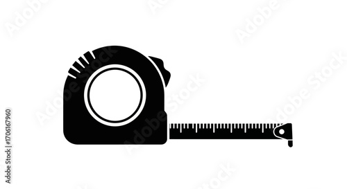 Tape measure extending to the right on a white surface, representing precision and accuracy in measuring tasks, conveying a sense of reliability.