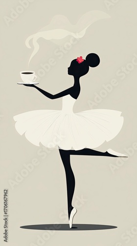 Ballerina holding a cup of cappuccino while dancing gracefully  