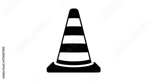 Traffic cone stands on asphalt road marking construction zone with black and white stripes, warning drivers of potential hazards ahead.