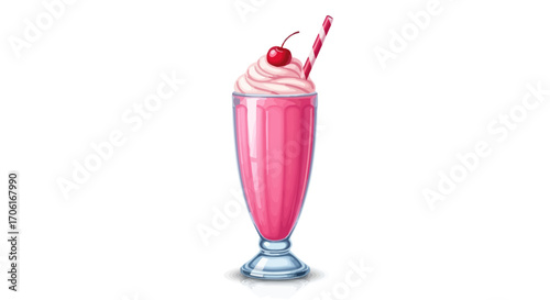 Delicious pink strawberry milkshake with whipped cream and cherry.