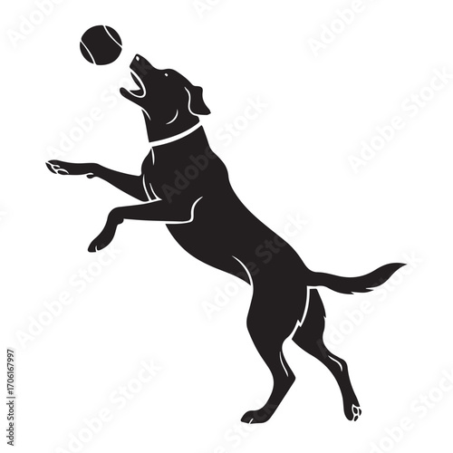 Black silhouette of a dog jumping to catch a ball, isolated on white background