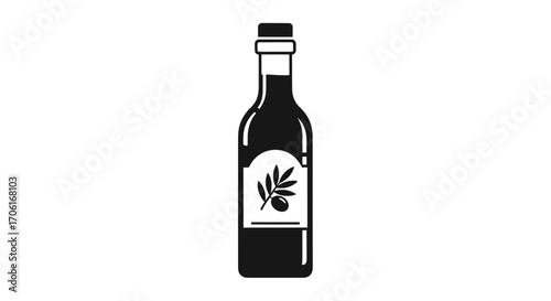 Simple black and white vector icon of an olive oil bottle.