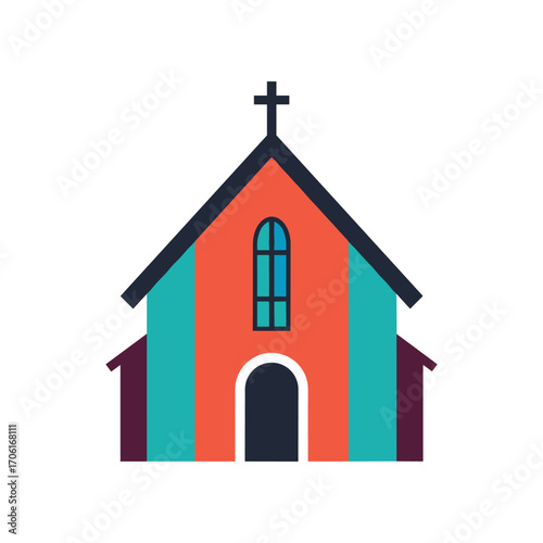 Colorful stylized church with a cross, featuring a vibrant facade and simple architecture
