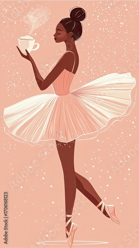 Black ballerina holding a cup of cappuccino while dancing gracefully  