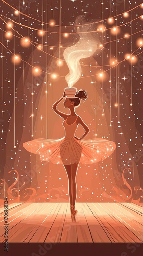 Ballerina holding a cappuccino cup while spinning on stage at night  