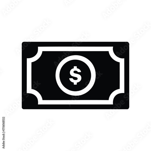 A simple black and white illustration of a rectangular currency bill with a dollar sign in the center