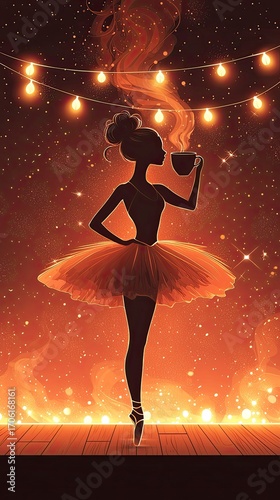 Ballerina enjoying a cappuccino while dancing under string lights  