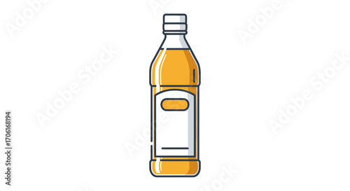 Single plastic bottle of golden liquid with blank label.