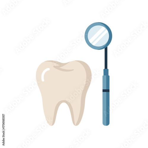 Dental examination tools with a tooth illustration, highlighting oral health and hygiene
