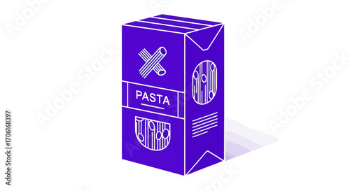 Isometric purple pasta box with white line art illustration.
