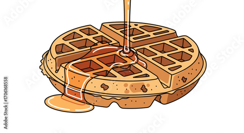 Golden syrup pouring over a delicious cartoon waffle for breakfast.