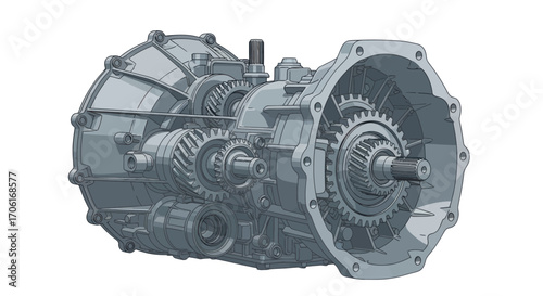 Automotive manual gearbox with exposed internal gears and shafts.