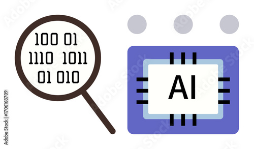 Magnifying glass examining binary digits connected to a microchip labeled AI. Ideal for innovation, artificial intelligence, machine learning, data analysis, digital transformation, coding