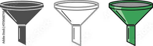 Three Funnel Illustrations Grey Filled, Outline, Green Filled on White Background