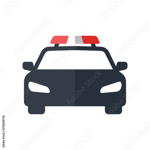 Front view of a police car with flashing lights, parked on a city street during daytime