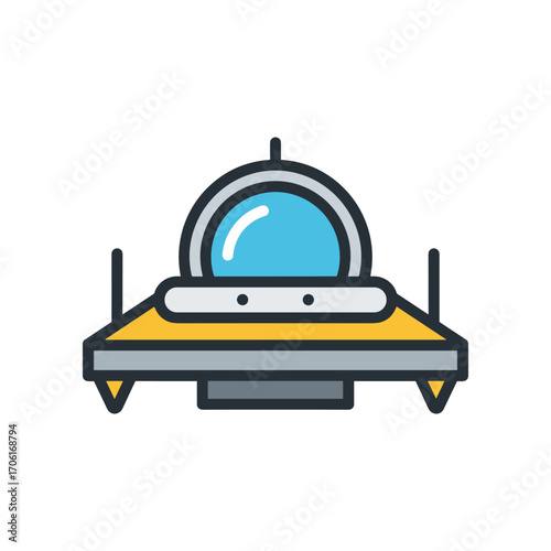 Futuristic spaceship design with a transparent dome, hovering over a vibrant landscape