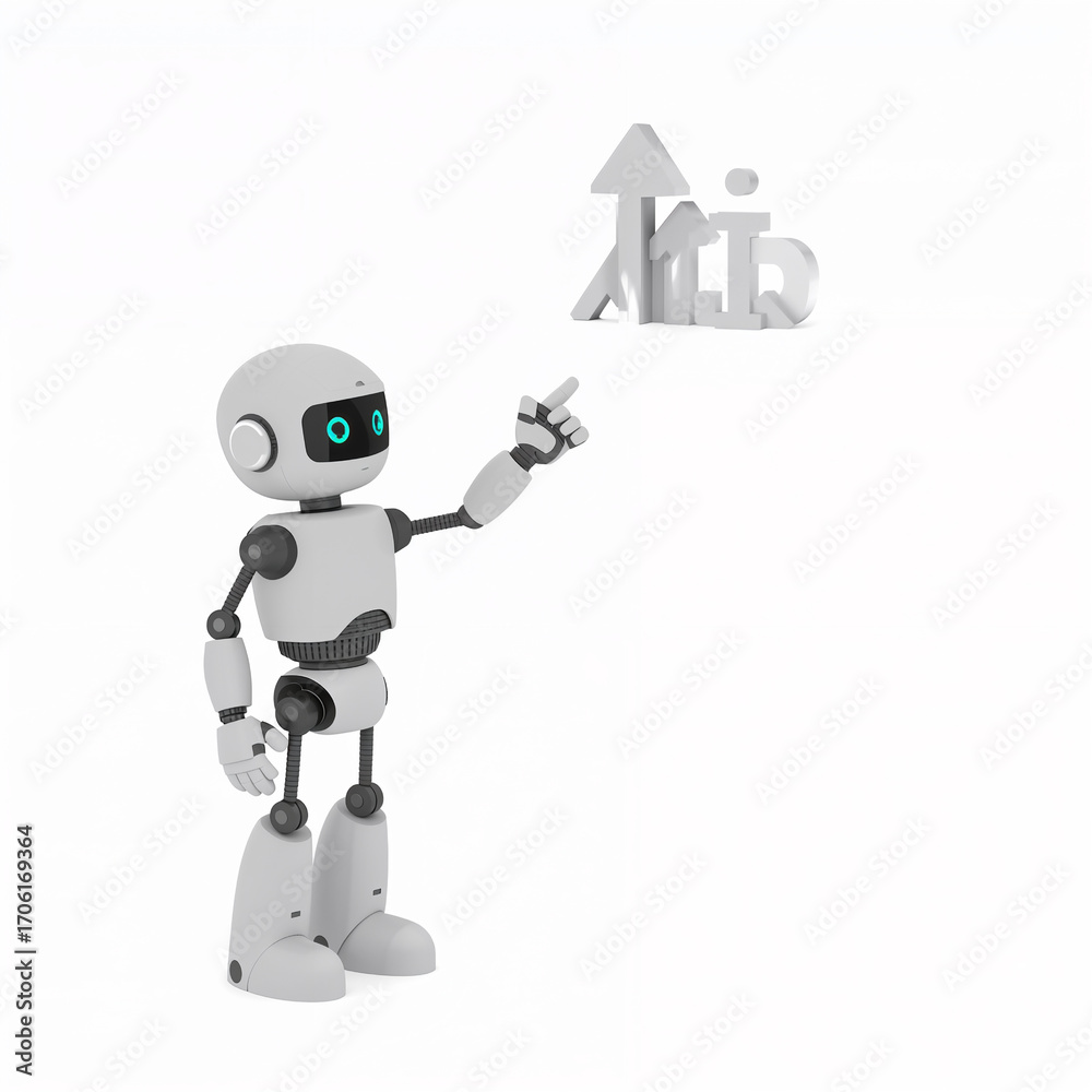 Fototapeta premium Robot pointing at a futuristic digital cityscape with upward arrows