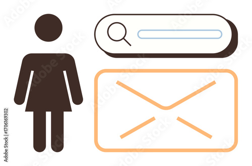 Female figure beside an email envelope icon and magnifying glass over a search bar. Ideal for digital communication, email marketing, online searches, user interaction, technology, accessibility