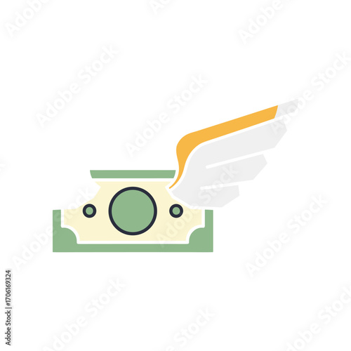 Illustrated image of a flying banknote with wings, symbolizing financial freedom and prosperity