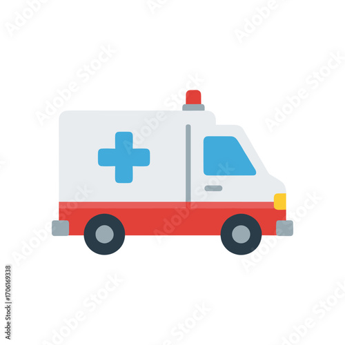 Illustration of a colorful ambulance in motion with a blue cross symbol, conveying emergency response