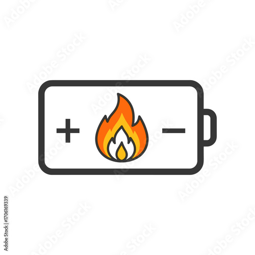Illustration of a battery with a flame symbolizing overheating, set against a white background