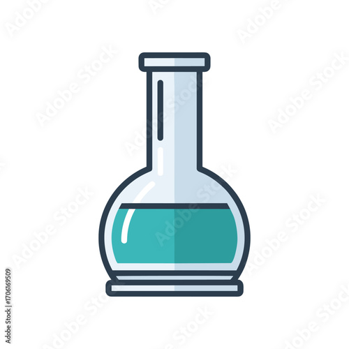 Laboratory flask filled with teal liquid on a clean surface, with a blurred scientific background