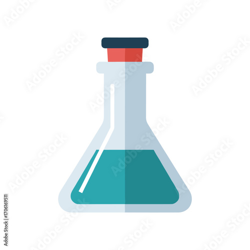 Laboratory flask filled with turquoise liquid, set against a plain white background, ideal for scientific themes