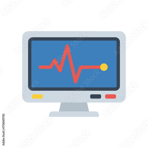 Medical monitor displaying heartbeat rhythm in a clinical setting with doctors in the background