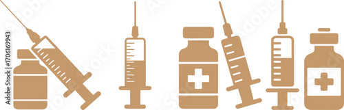 Illustration of medical syringes with injection needles and vaccine vials, healthcare equipment design for hospital, clinic, immunization, treatment, and disease prevention services
