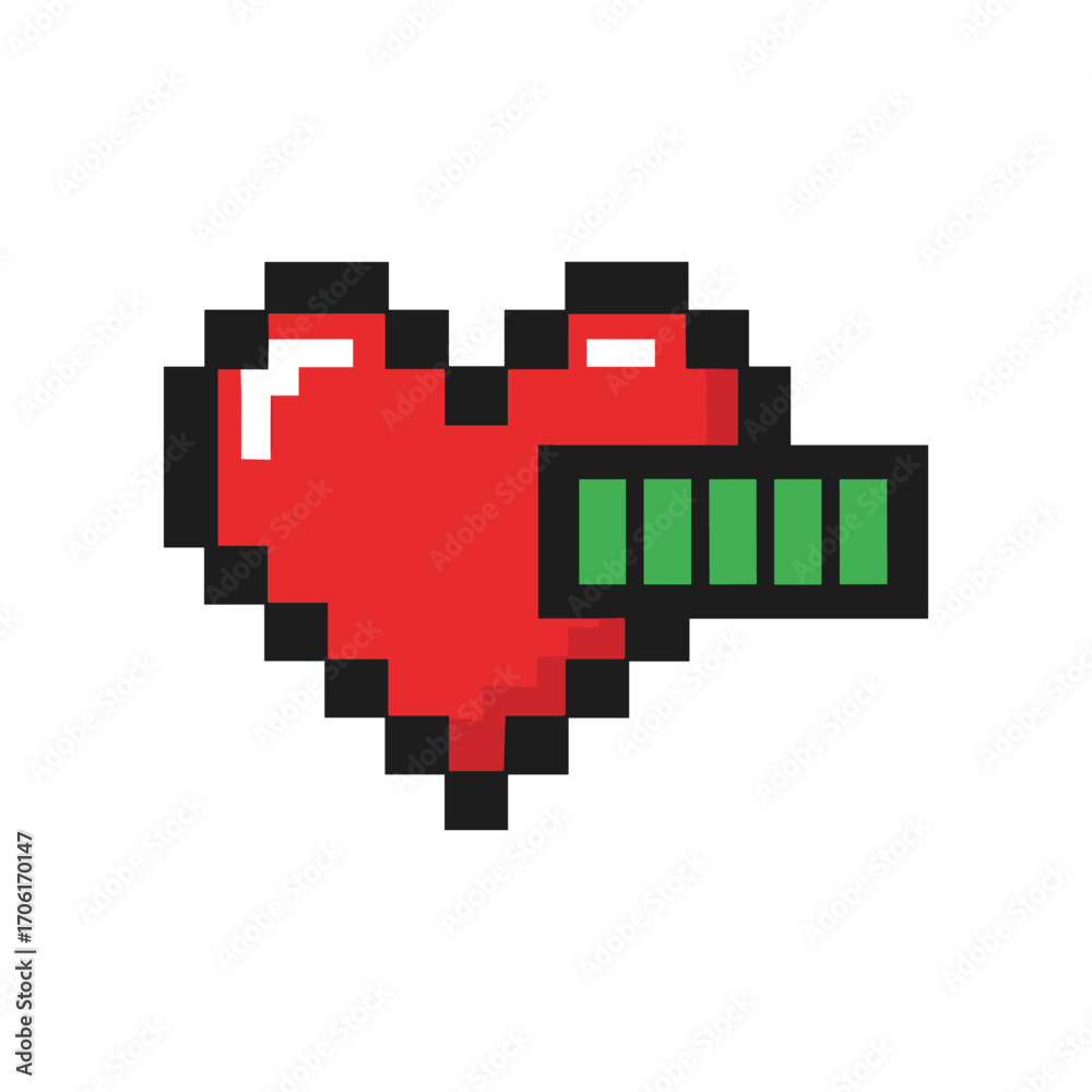 Obraz premium Pixel art heart with battery charging indicator, symbolizing health and vitality in a digital context