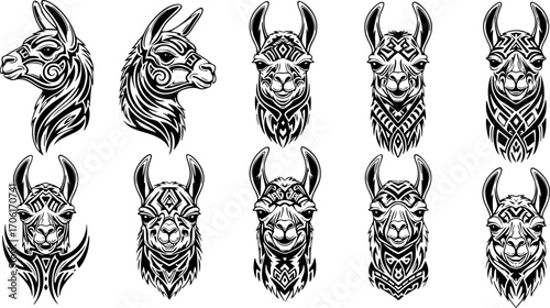Llama Alpaca Engraved Logo – Vintage Farm Animal Icon, Rustic Line Art Illustration, Hand-Drawn Style Camelid Silhouette, Andean Wildlife Symbol, Perfect for Branding, Labels, Tribal Tattoo Vector Set