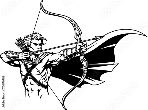 Mythological Archer Aiming Bow and Arrow – Black and White Legendary Warrior Illustration, Fantasy Hero Silhouette, Ancient Greek Hunter Pose, Epic Mythology Vector Design for Tattoos and Posters