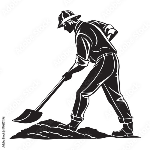 Silhouette of a man digging with a shovel, isolated on white background